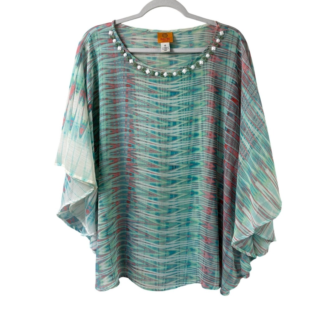 Ruby Rd Poncho Top Size 1X Blue Pink Chevron Print Embellished Boho Festival
